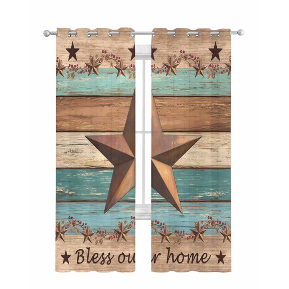 Western Texas Star Retro Sheer Curtains 84 Inch Length 2 Panels Set for Living Room/Bedroom, Country Farmhouse Teal Brown Wood Grain Kitchen Curtains Grommet Curtains Window Treatments 42"x84"x2