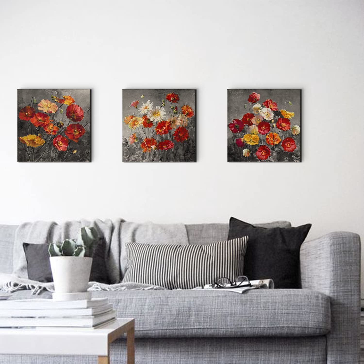 Daisiy Flower Wall Art Orange Floral Pictures Bathroom Wall Decor Red Poppy Canvas Prints for Living Room 16x16"x 3Pcs Modern Colorful Still Life Paintings Stretched and Framed Artwork Home Decoration