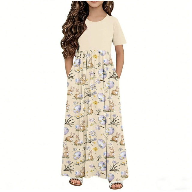 Vestido de manga corta con cuello redondo para niña, vestido de Pascua de manga corta para niña, vestido estampado con doble bolsillo para niña, falda larga informal, vestido de poliéster para niña