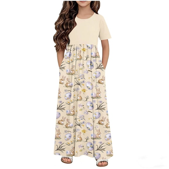 Avrntaa Easter Maxi Dress for Girls Short Sleeve Casual Dresses with Pocket Cute Print Summer A-line Dresses 4-14Y