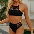 thumbnail image 4 of WREESH Womens Two Piece Swimsuit Halter Lace Lingerie Set High Waisted Bikini Bicolor Fashion Casual Waist Slim Hollow Out Solid Color Bikinis Sets Beach Bathing Suit Black, 4 of 9