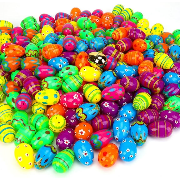 200 Printed Plastic Eggs, Basket Stuffers for Easter Egg Hunt Event , School Parties Prizes, School Classroom Rewards