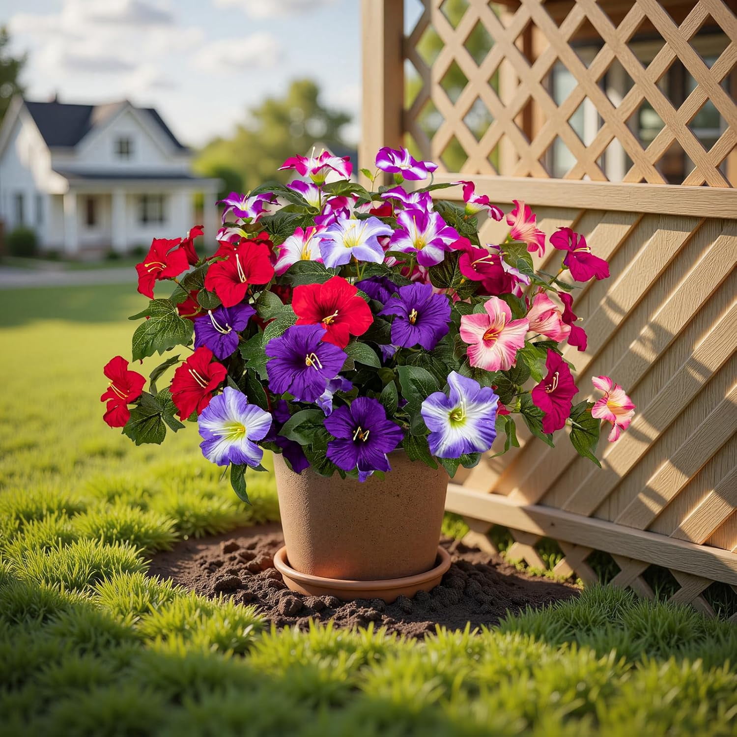 19 Inch Artificial Fake Flowers for Outdoor,4 Pcs Faux Silk Petunias Spring Flowers for Outside for Indoor Porch Planter Front Door Garden Patio Window Box Home Decor(Multiple Color)