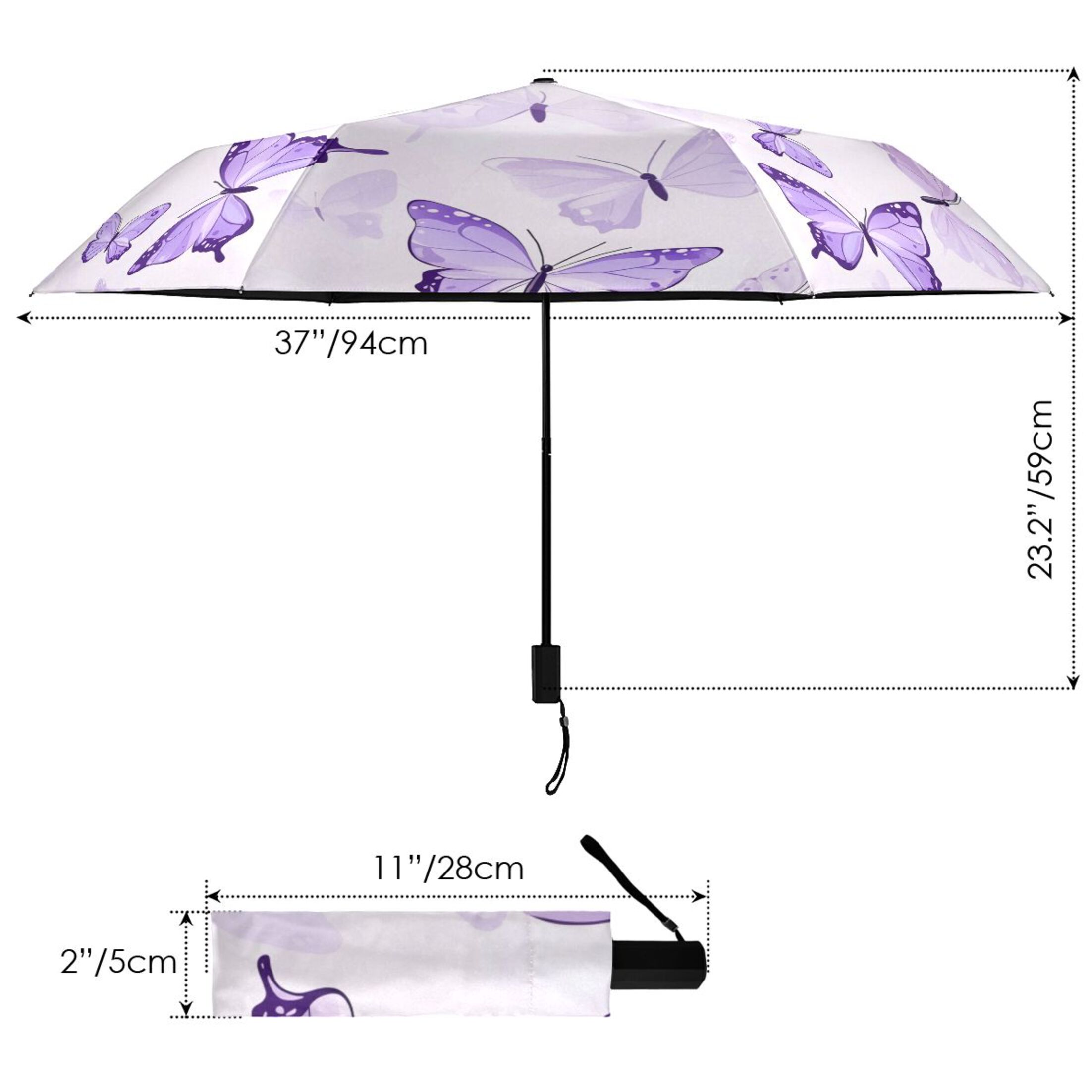 Purple Butterflies Flying All Weather Umbrella Triple Folding Parasol 6 Ribs UV Protection Portable