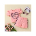 thumbnail image 3 of Yunliwuli Baby Girls Summer Shorts Suit Letters Print Short Sleeve Tops Camouflage Belted Shorts Bow Headband, 3 of 10