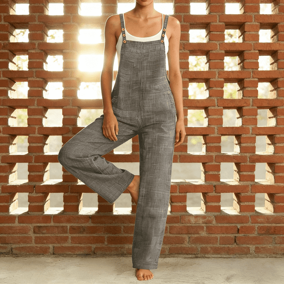 LJEFF Womens Cotton Linen Overalls, Straight-Leg Trousers Wide Leg Adjustable Shoulder Straps Functional Pockets Casual Summer Jumpsuit Gray