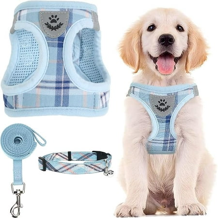 PUPTECK Adjustable Dog Harness Collar and Leash Set Step in No Pull Pet Harness for Small Medium Dogs Puppy and Cats Outdoor Walking Running, Soft Mesh Padded Reflective Vest Harnesses, Blue S