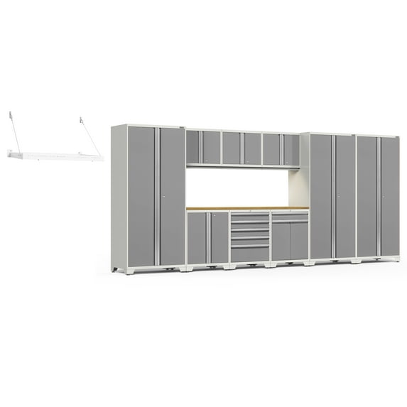 NewAge Products Pro Series Platinum 11 Piece Cabinet Set, Heavy Duty 18-Gauge Steel Garage Storage System, LED Lights / Wall Mounted Shelf Included