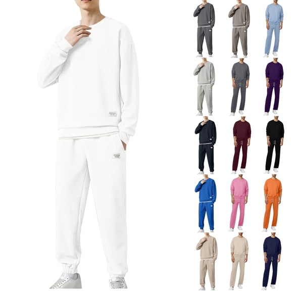 hoksml Men's Sweatsuit 2 Piece Set Long Sleeved Active Sweatshirts And Sweatpants Sets Solid Color Pullover Round-Neck Workout Top Bottom Sets Casual Clothing Sets