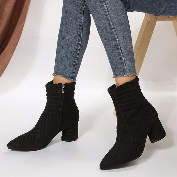 Willtoo Women Pointed Toe Ankle Boots Side Zipper Block Heel Short Booties Fall Winter Fashion Textured Stretch Knit Boots