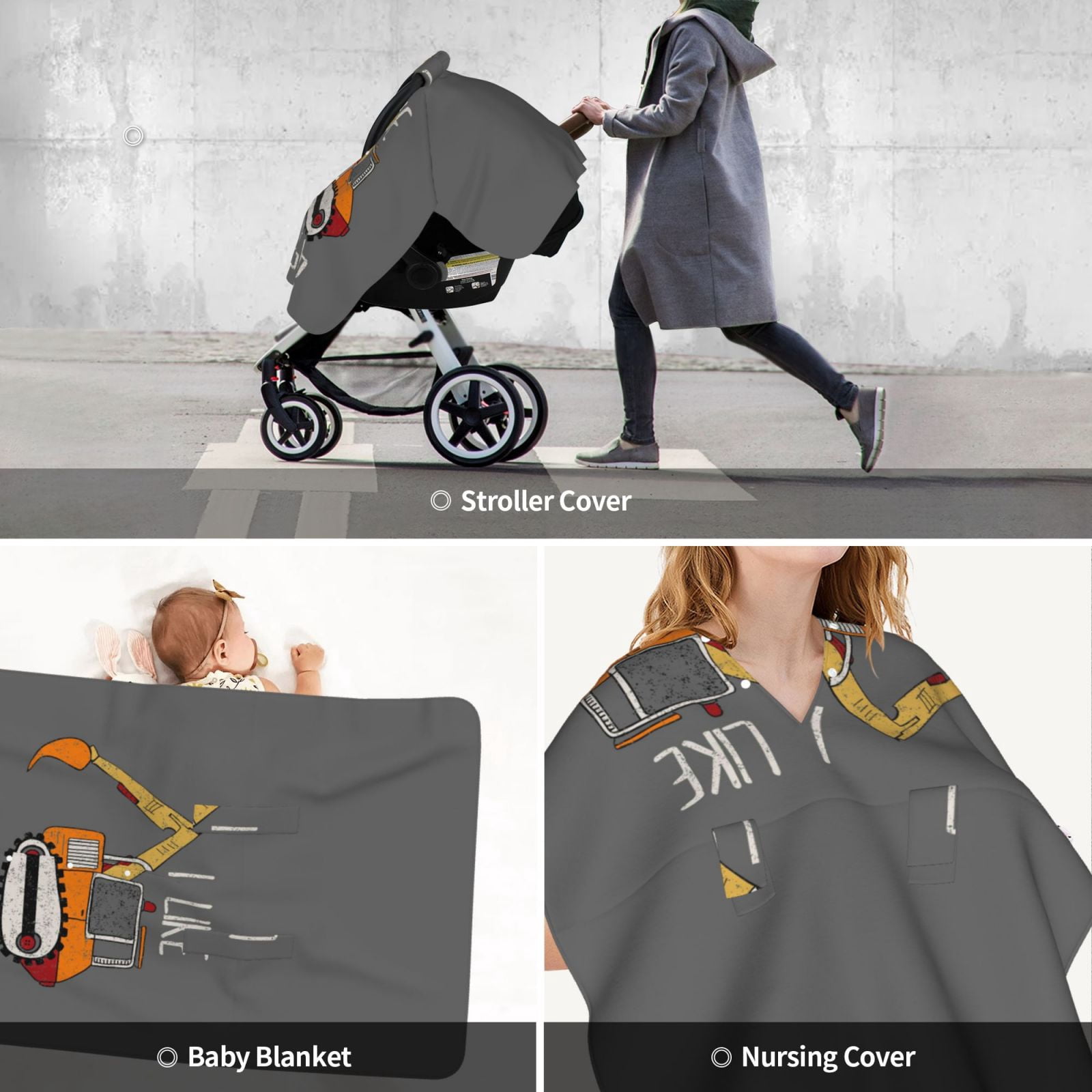 Car Seat Cover Baby - I Like Big Digger Breathable Infant Car Seat Cover for Baby Carseat, Lightweight Comfort Baby Essentials Must Haves Newborn Stuff for Girl Boy