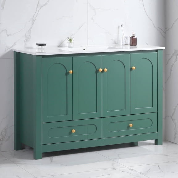 48" Green Bathroom Vanity with Sink Combo, Solid Wood Frame Cabinet with Resin Basin, 4 Soft-Close Doors & 2 Drawers, Modern Storage Vanity for Bathroom