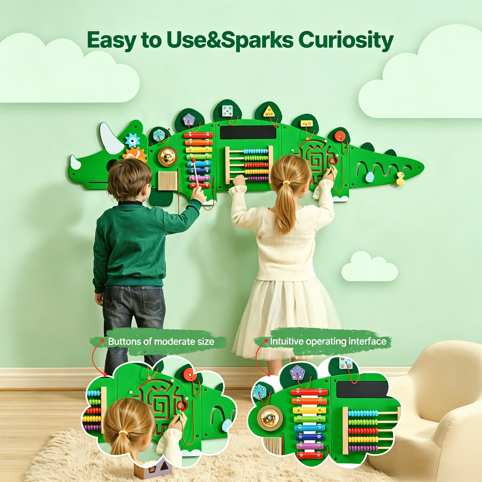 Dinosaur Activity Wall Busy Board Panels, 11 Activities, Montessori Sensory Wall Toy for Kids 3-12 Years, Montessori Learning Activity Center, Ideal for Toddler Playroom Nursery Classroom