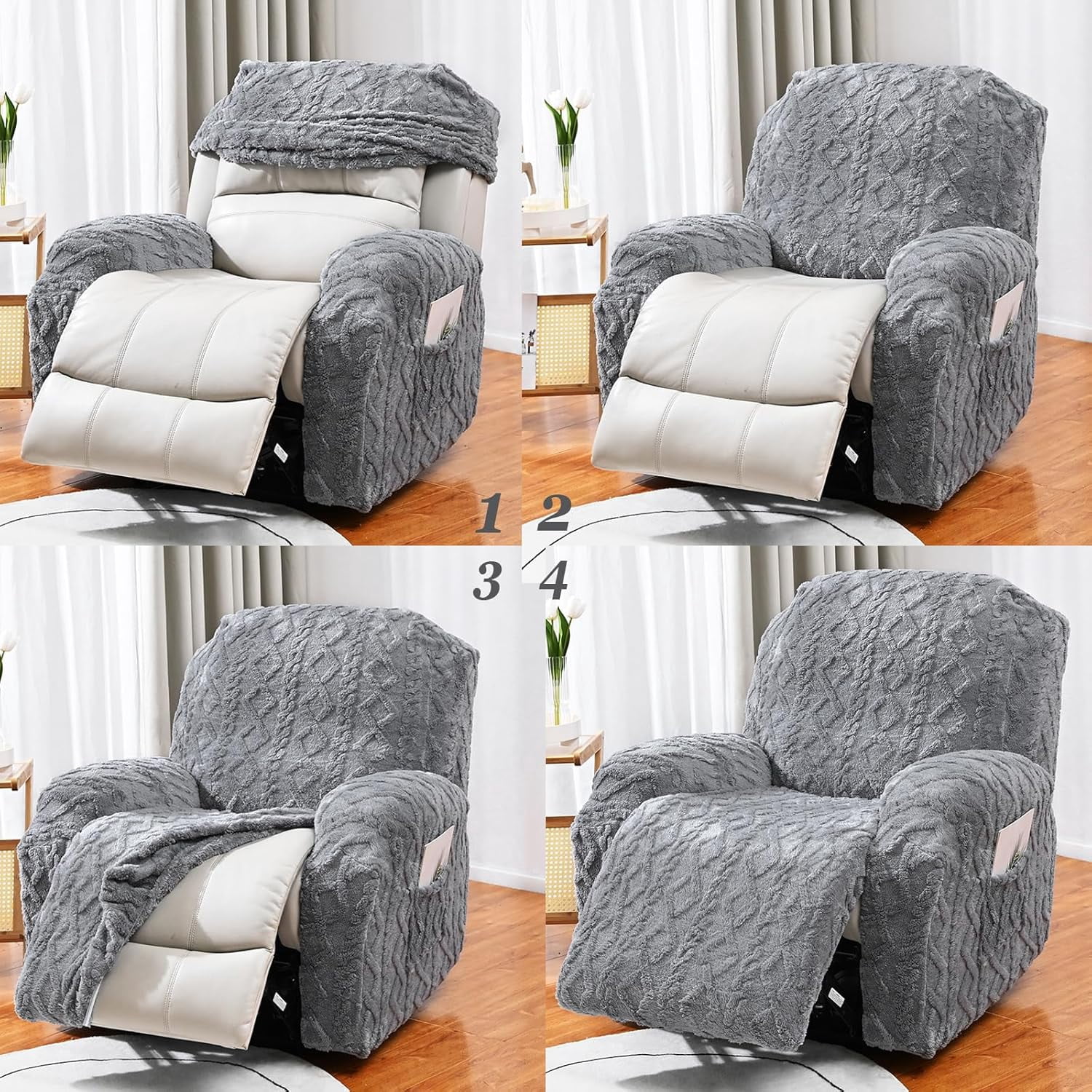 Solennerer Recliner Chair Covers 4-Pieces Reclining Chair Slipcovers with Pocket& Elastic Bottom, Soft Feel Fitted Lazy Boy Sofa Couch Cover Washable, Stretch Recliner Furniture Protector