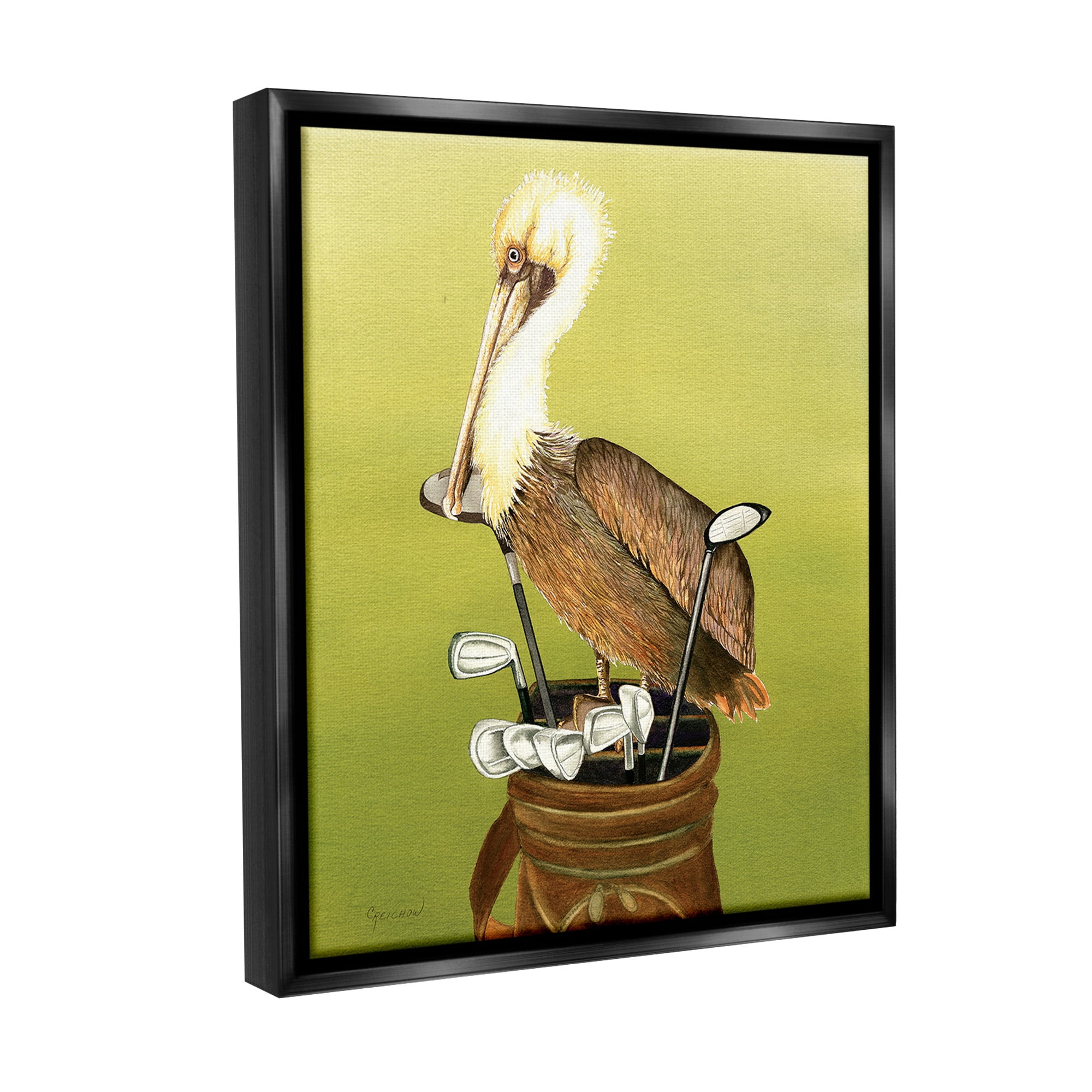 Stupell Industries Pelican on Golf Clubs Animals & Insects Painting Black Floater Framed Canvas Art Print Wall Art, 17 x 21