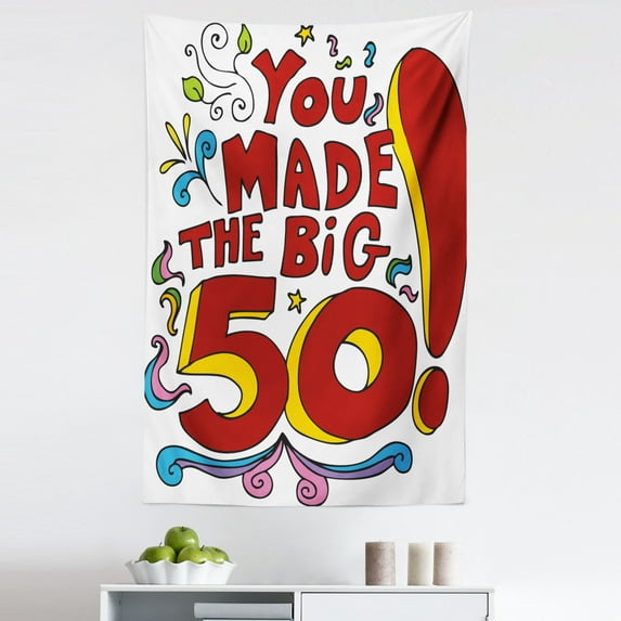 50th Birthday Tapestry, Colored Floral Design Fun Cartoon Like Display and Party Message, Fabric Wall Hanging Decor for Bedroom Living Room Dorm, 5 Sizes, Multicolor, by Ambesonne