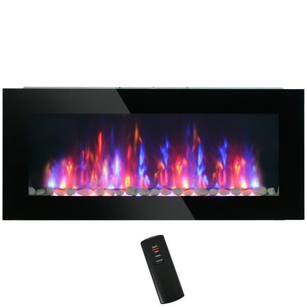 41.3" 1500W Electric Wall-Mounted Fireplace with Flame Effect, 7 Color Background Light, Black