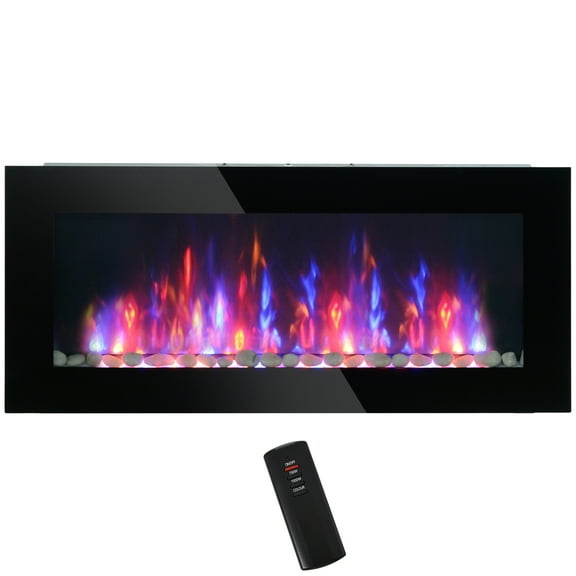 41.3" 1500W Electric Wall-Mounted Fireplace with Flame Effect, 7 Color Background Light, Black