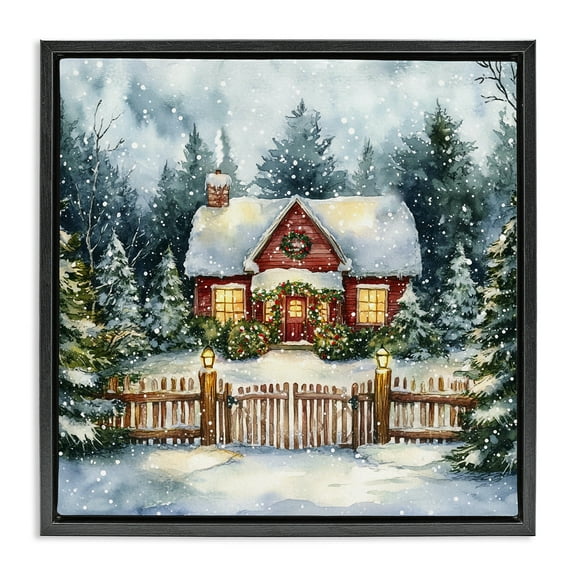 Stupell Industries Scenic Winter Cottage Holiday Painting Black Floater Framed Canvas Art Prints Wall Art, 18 x 18