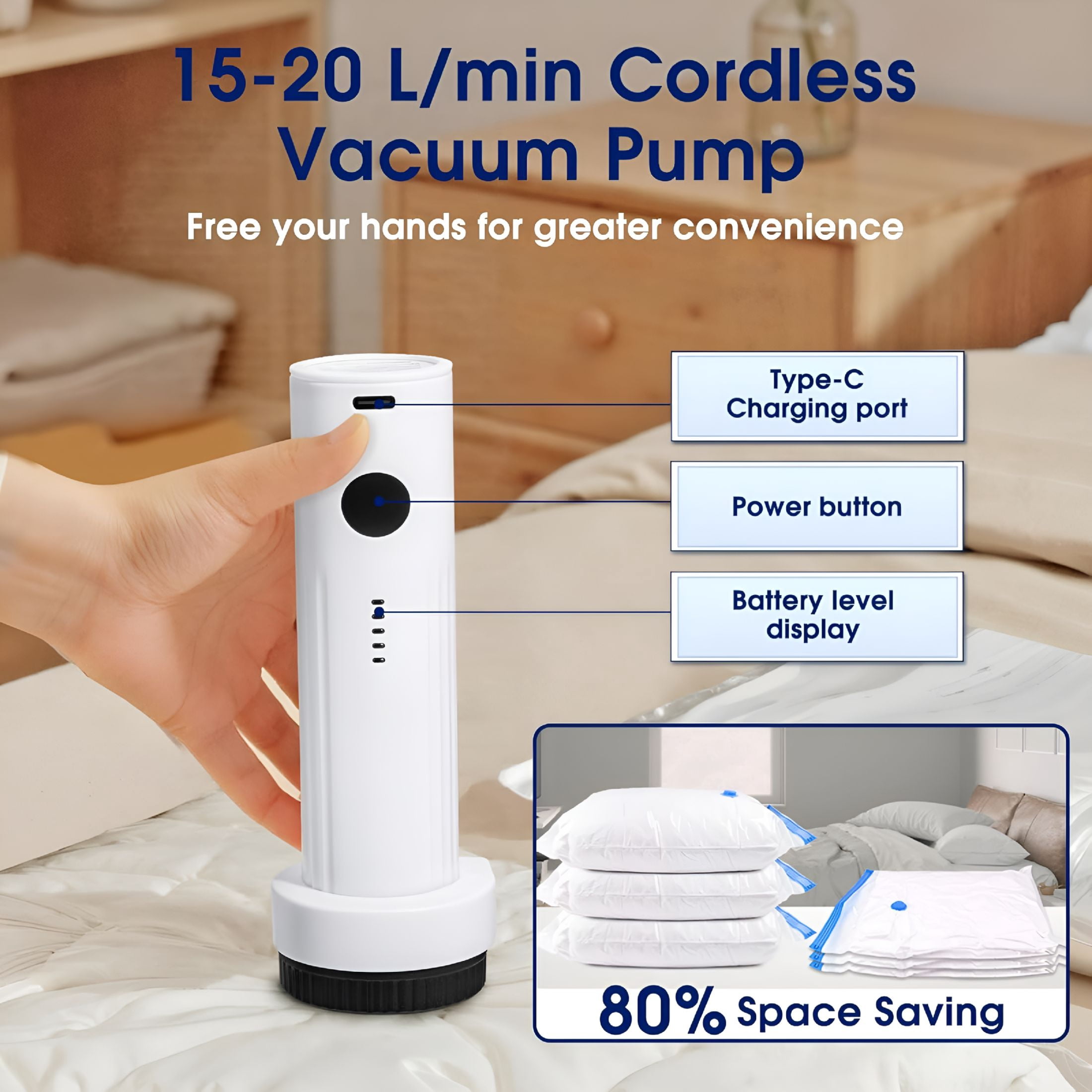 CURYMAY Cordless Electric Vacuum Pump for Storage Bags, USB Rechargeable Portable Vacuum for Travel Air Pump Compression Bag Pumps for Clothes Bedding