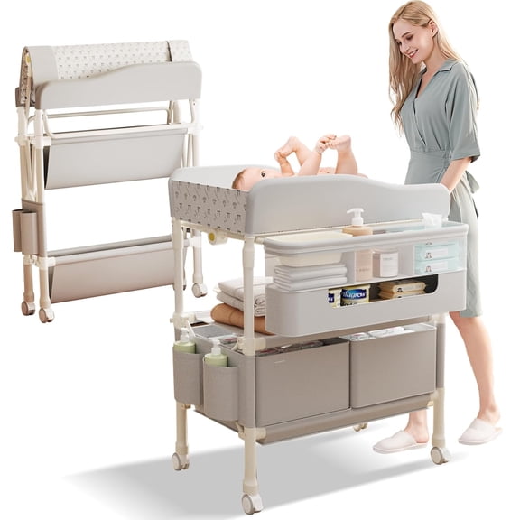 Multifunctional folding changing table with 2 drawers, portable baby changing station, includes toy shelf, mobile changing table and newborn compartment, height adjustable.
