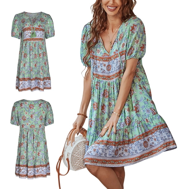 SAYOO Vestido de cintura alta con cuello en V y estampado de flores para mujer SAYOO Moda