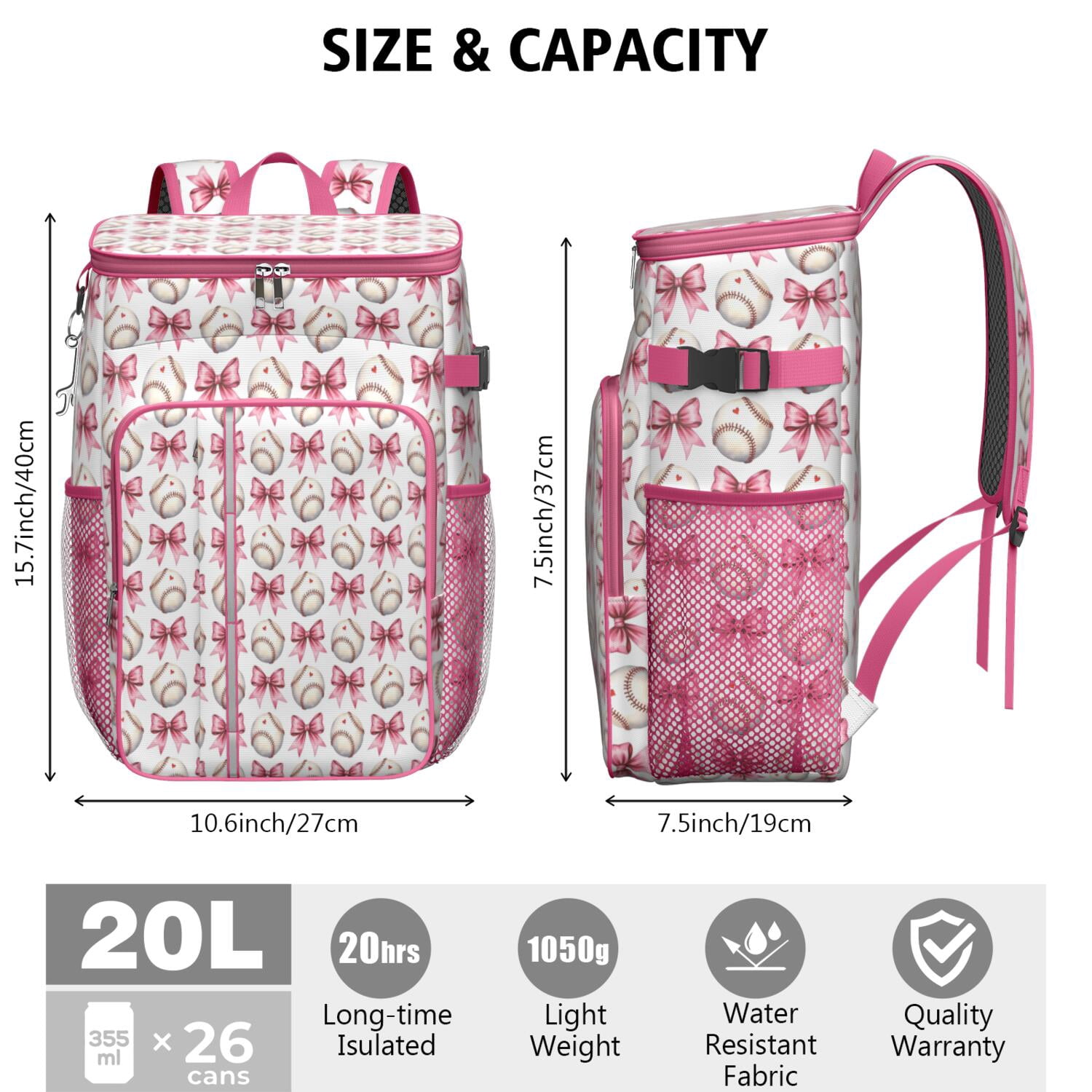 Travel Cooler Bag - Pink Baseballs and Bows Pattern Camping Beer Cooler Backpack with Bottle Opener- Waterproof Insulated Picnic Backpacks - Cooler Bag for Beach