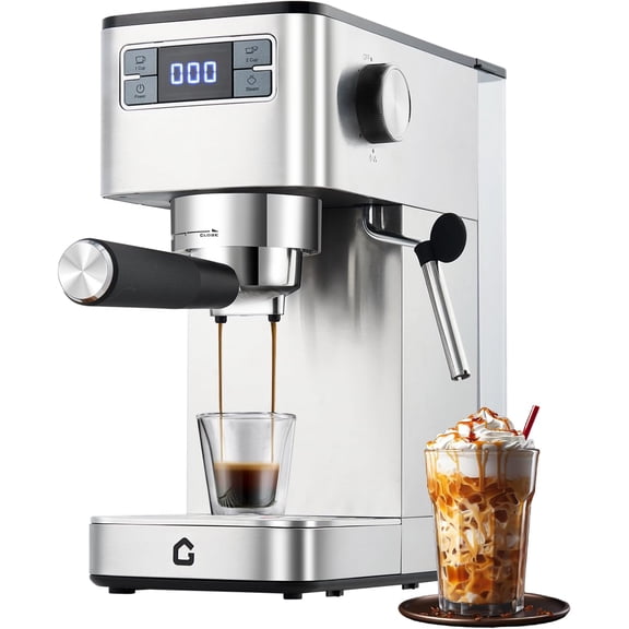 20 Bar Espresso Machine - Stainless Steel Coffee Maker with Steam Milk Frother and Removable Water Tank for Cappuccino and Latte - Silver