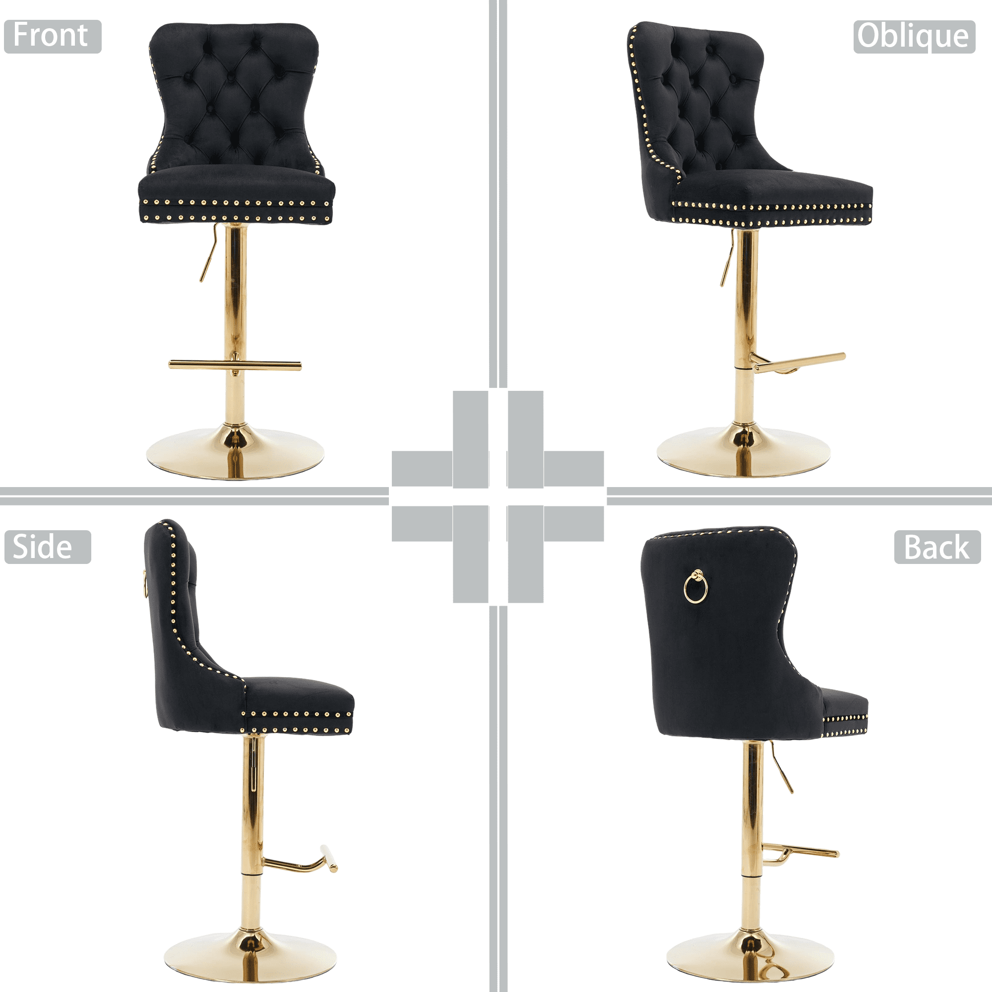 4-Piece Velvet Swivel Bar Stools, Adjustable Counter Height Dining Bar Chairs with Tufted Backrest and Nailhead Trim for Kitchen Island （Black with Gold Leg）