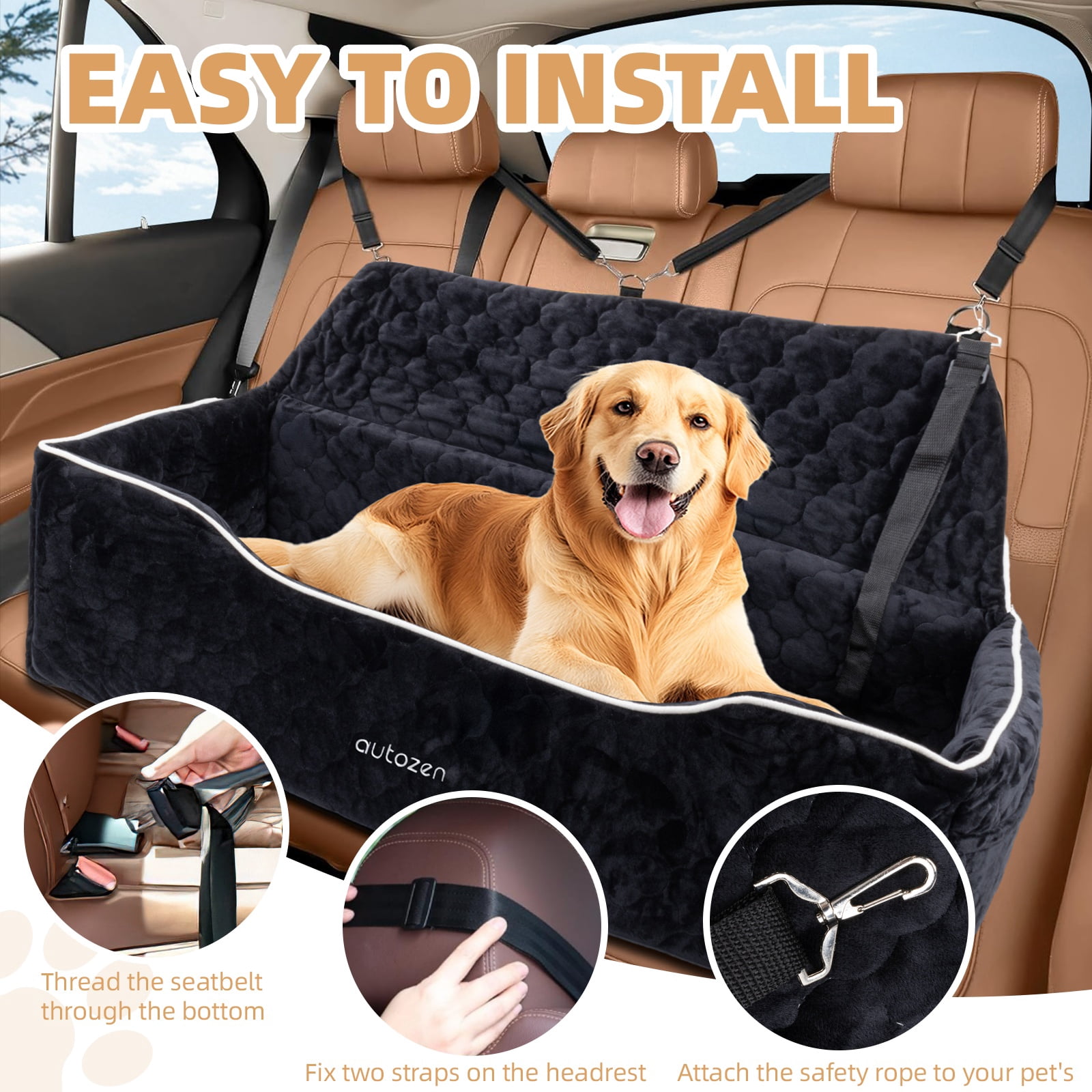 Dog Car Seat for Large Medium Small Dogs, Detachable Washable Dog Booster Seat Under 120lbs, Pet Car Seat Travel Bed with Storage Pockets and Dog Safety Belt
