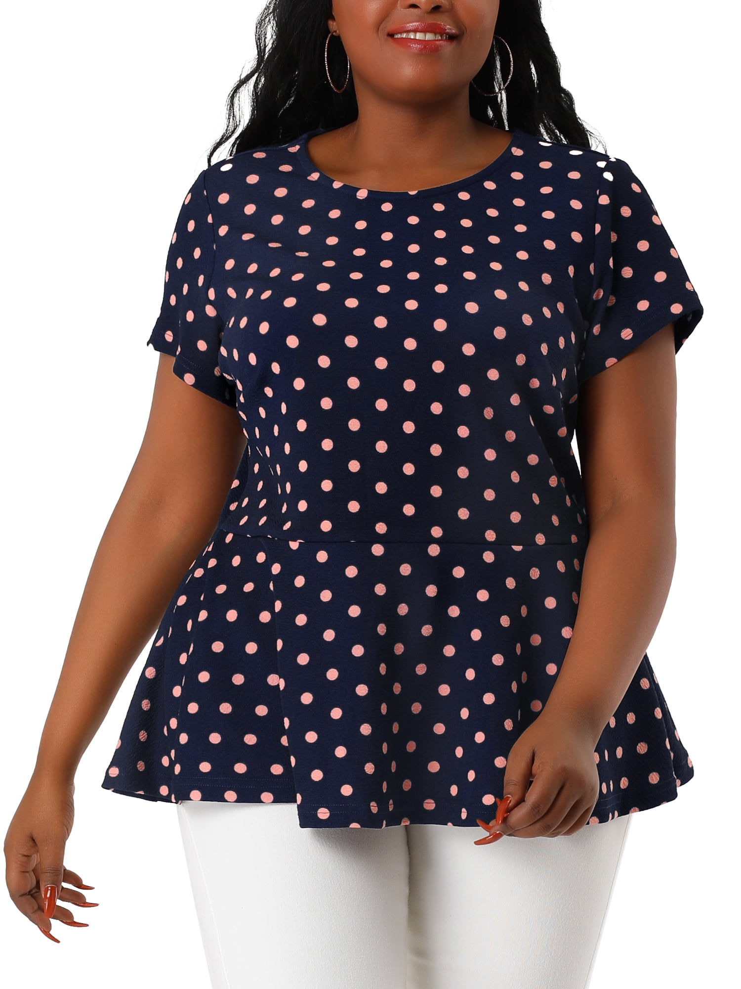 Agnes Orinda Womens Plus Size Polka Dots Short Sleeve Summer Peplum Top