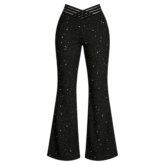 Edvintorg Women Pants Plus Size Fashion High Waisted Casual Trouser Loose Sequin Flare Pant Womans Clothes Black S-3XL