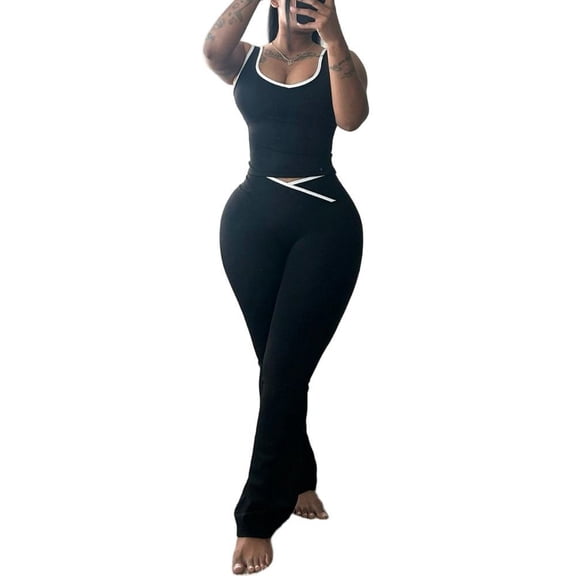 Two Piece Sets For Women Summer Contrast Binding Backless Crop Tank Top and Flare Pants Lounge Sets Tracksuit Women's Sleeveless Gym YogaOutfit Black XL