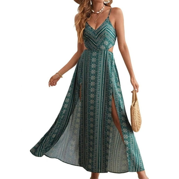 Women'S Summer Dress Tie Back V Neck Floral Maxi Tropical Long Beach Vacation Side Slit Green M