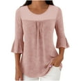 thumbnail image 2 of Olyvenn Womens Ruffle 3/4 Sleeve Dressy Blouses Casual Crew Neck Double Layers Mesh Shirts Flowy Tunic Tops Pink M, 2 of 8