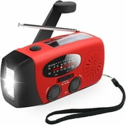 Emergency Hand Crank Self Powered AM/FM NOAA Solar Weather Radio with LED Flashlight, 1000mAh Power Bank for iPhone/Smart Phone,Red