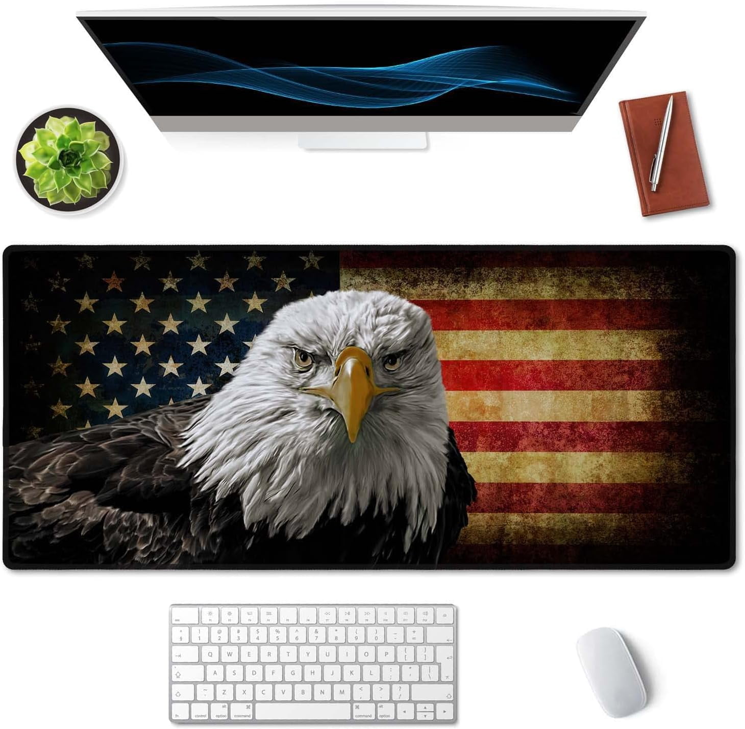 Extended Gaming Mouse Pad - Non-Slip Water-Resistant Rubber Base Computer Keyboard Mouse Mat, 35.4x15.7-inch XX-Large Desk Mat, Ideal Partner for Work & Game, American Bald Eagle on Grunge Flag
