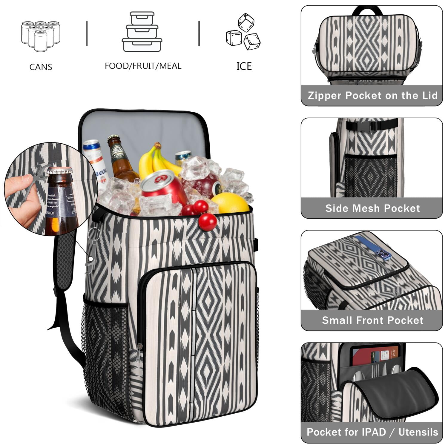Travel Cooler Bag - Boho Bohemia Pioneer Flower Geometric Line Art Camping Beer Cooler Backpack with Bottle Opener- Waterproof Insulated Picnic Backpacks - Cooler Bag for Beach