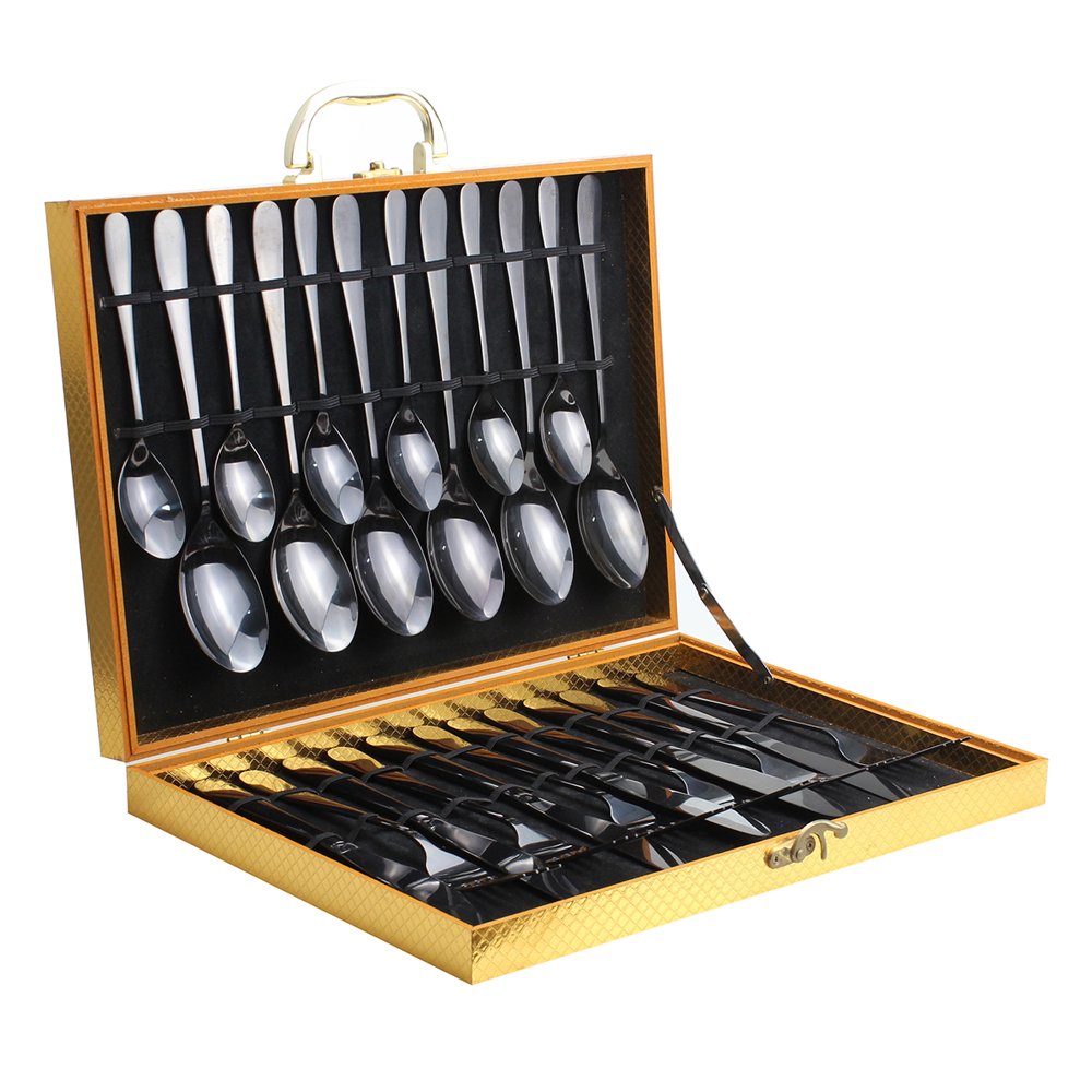 Black Wooden Box Flatware Utensils set for 6, Lekoton 24 Piece