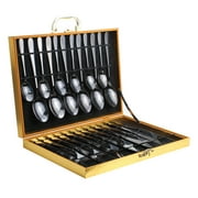 Black Wooden Box Flatware Utensils set for 6, Lekoton 24 Piece Silverware Set for gift , Cutlery Set Include Dinner Knife,Dinner Forks,Dinner Spoons,Teaspoons
