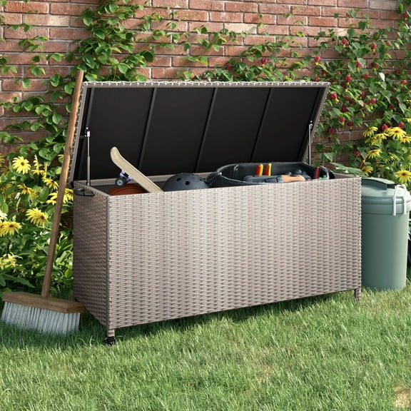 Bigleap 108-Gallon Steel Rattan Deck Storage Box Indoor-Outdoor Wicker Box with Wheels for Patio Furniture Cushions Toy Garden Tools Pool Accessories, Brown