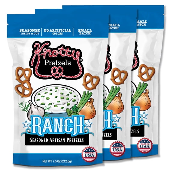 Knotty Pretzels – “The Official Pretzel of Beer” 7.5 Ounce Pretzel in Resealable Snacks Bags, Ranch 3 Pack