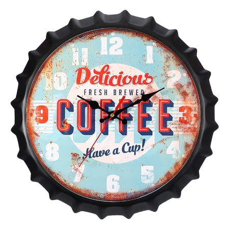 Uxcell Beer Cap Wall Clock 14 Inch, Retro Industrial Silent Non-Ticking Metal Clock for Man Bar Pub Garage Room Decor, Coffee Lovers Design