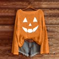 thumbnail image 2 of GILIGEGE Women's Halloween Pumpkin Face Print Sweater Off Shoulder Long Sleeve Loose Knit Funny Graphic Pullover Spooky Casual Crewneck Sweatshirt Trendy Fall Jumper Top Grey, 2 of 3