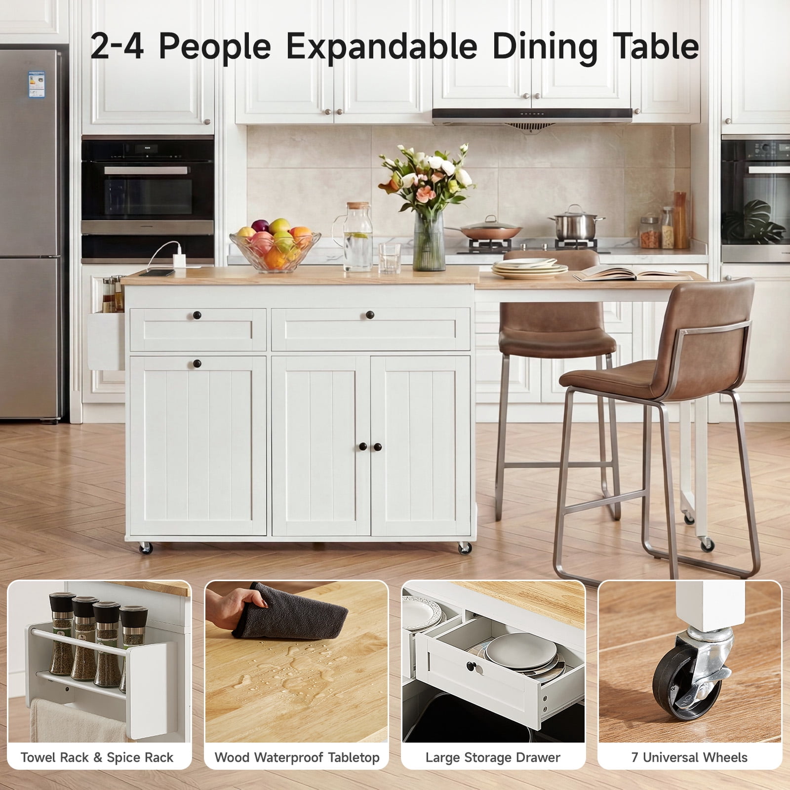 ROGALIS Rolling Kitchen Cart w/Extendable Dining Table, 81.7" Mobile Kitchen Storage Islands w/Trash Cabinet, Power Outlet, Spice Rack & Towel Rack, White