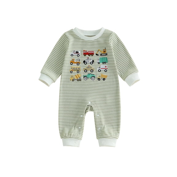 Cenuakty Boy Fall Romper Vehicle Pattern Striped Crew Neck Long Sleeve Jumpsuit