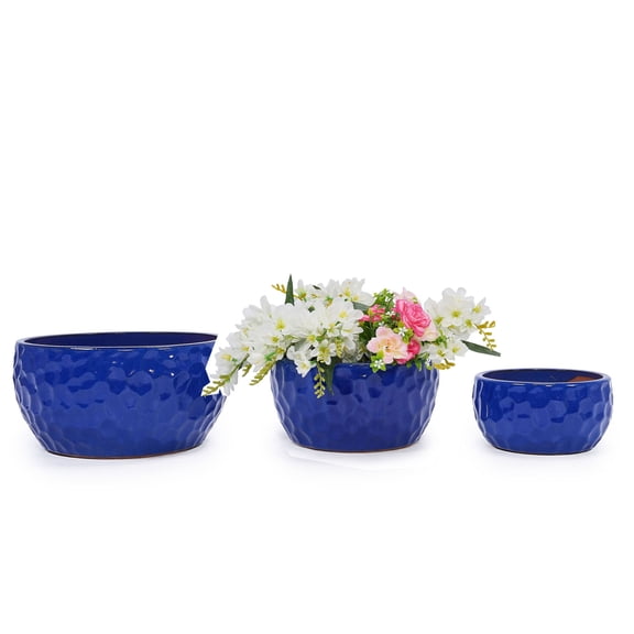 CQSXDA 3-Pack Antique Blue Ceramic Planters, 15" 12" 9" Modern Indoor Outdoor Flower Pot w/Drainage