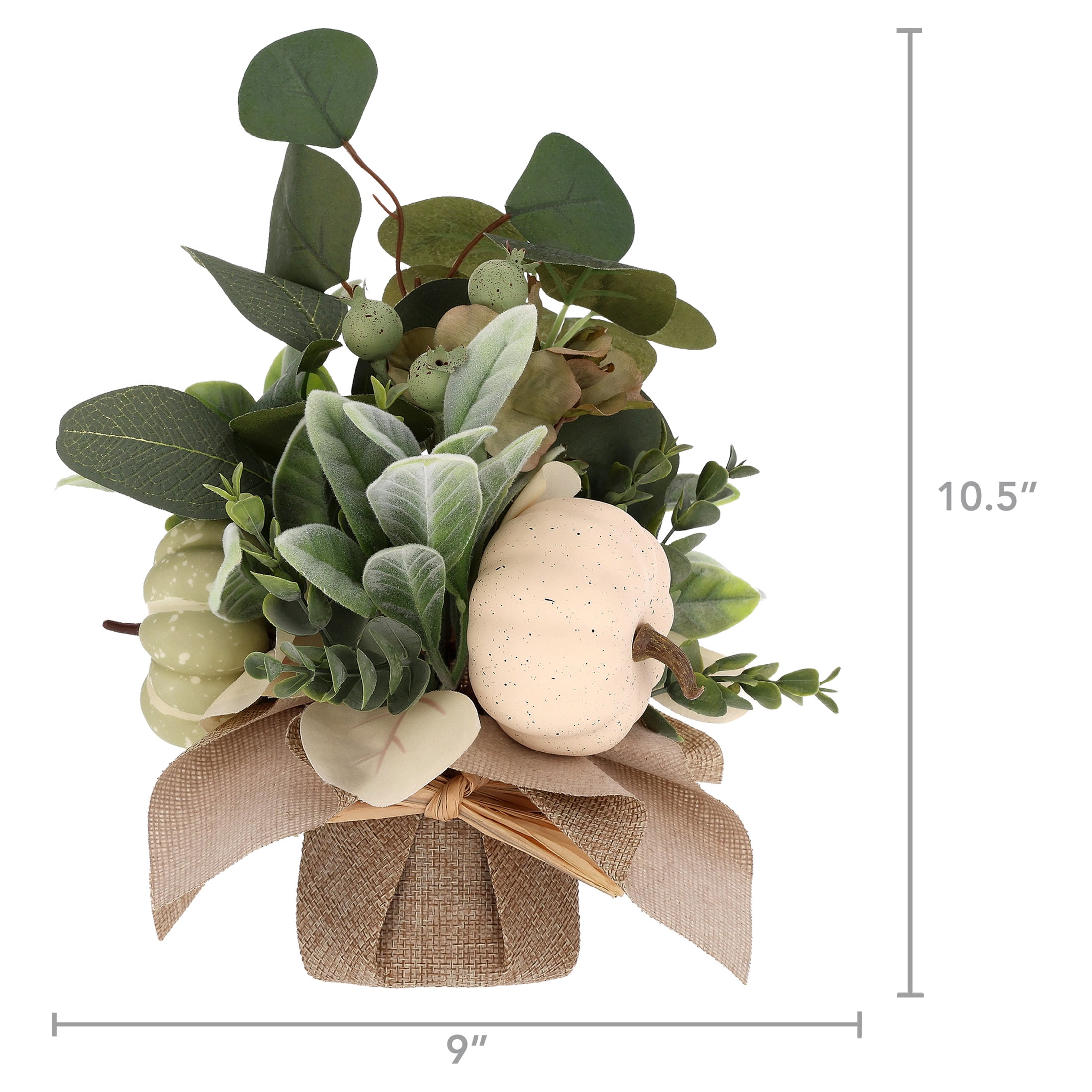 Leaves and Pumpkins Artificial Arrangement in Burlap Pot, Green and Cream, 10", Fall by Way To Celebrate