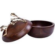 The Milli Collection Small Acacia Wood Bowl with Lid Gold Finished Brass Branch Handle with Leaves and Flowers Ideal for Storing and Serving Dishes for Everyday Use Perfect for Gifting