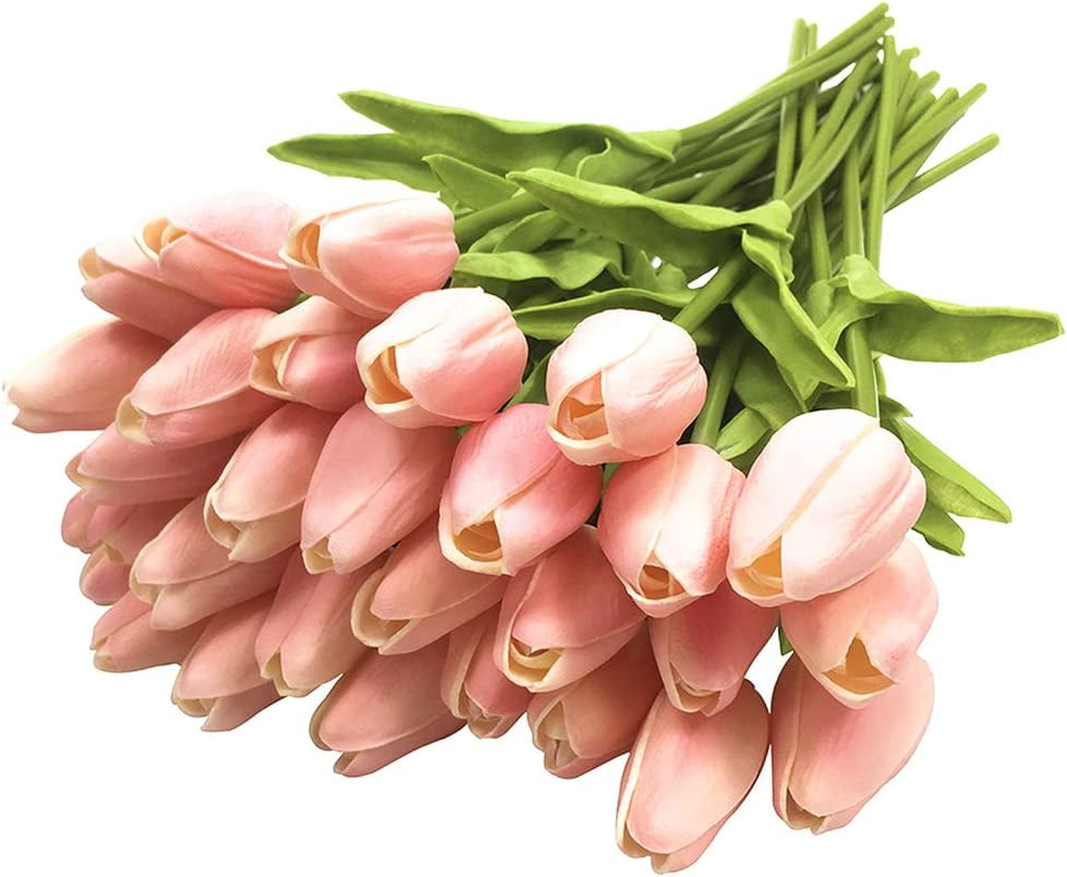10pcs Artificial Tulips Flowers Real Touch Pink Tulips Fake Holland PU Tulip Bouquet Latex Flowers for Wedding Party Office Home Kitchen Decoration (Dark Pink)